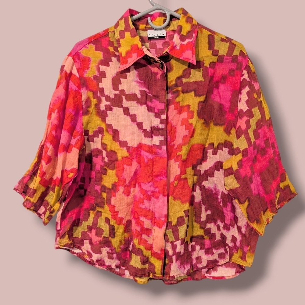 Sfizio Colorful Abstract Sheer Ramie 3/4 Sleeve Relaxed Button-Up Shirt LG Artsy